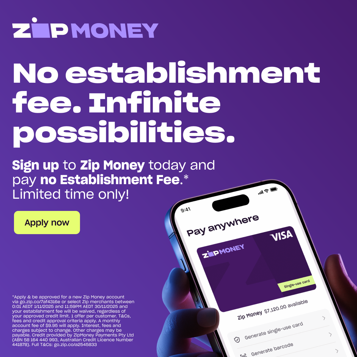 No establishment fee with Zip Money